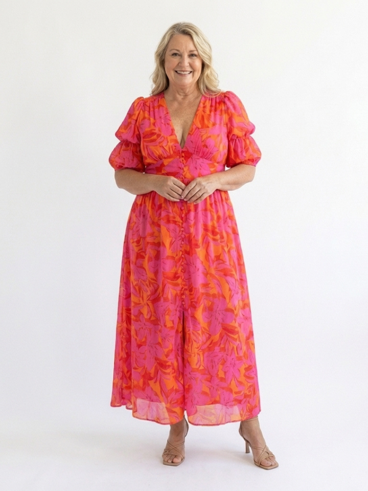 Darcy | Floral V Neck Puff Sleeve Midi Dress