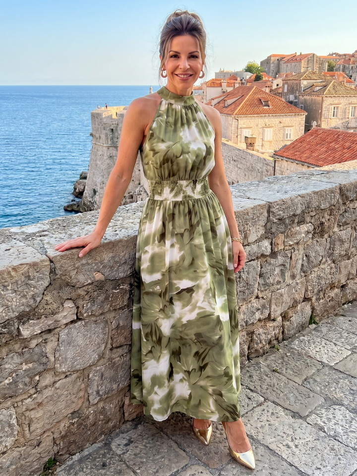 Zelie | Gathered Waist Abstract Print Midi Dress