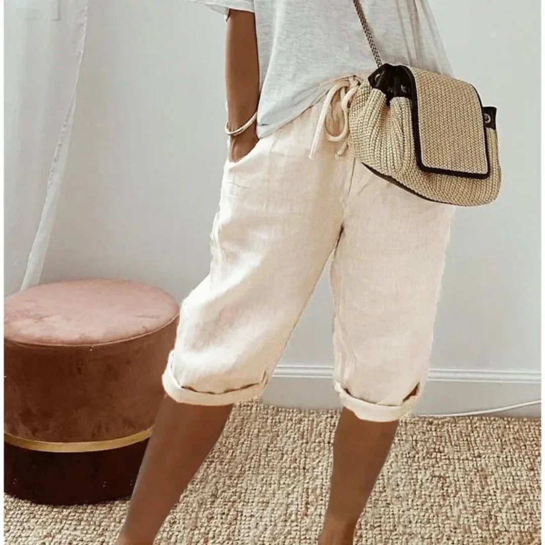 Saffron | Linen Drawstring Capri Shorts