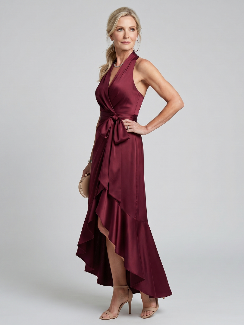 Bronwyn | Halter Neck Wrap Asymmetric Hem Midi Dress