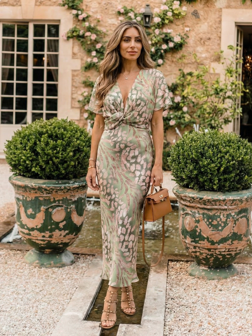 Valerie | Abstract Print V Neck Twist Waist Midi Dress