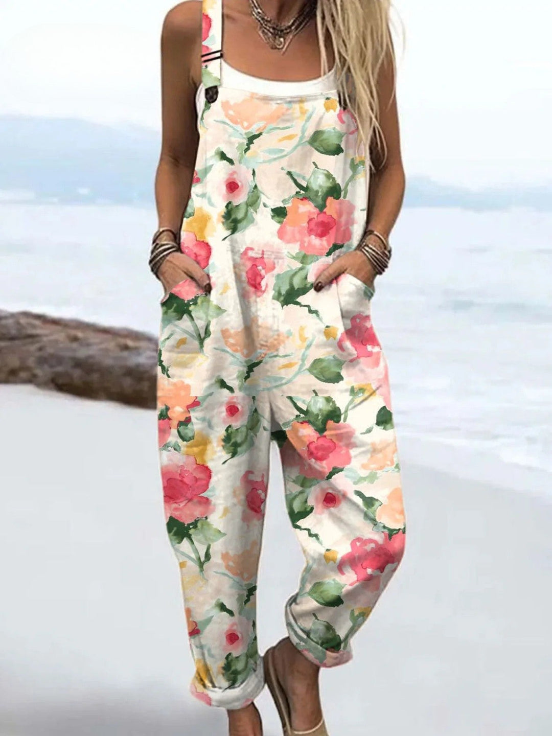 Petal and Poise jumpsuit for women, neutral watercolour floral print, relaxed fit, sizes AU 8-24