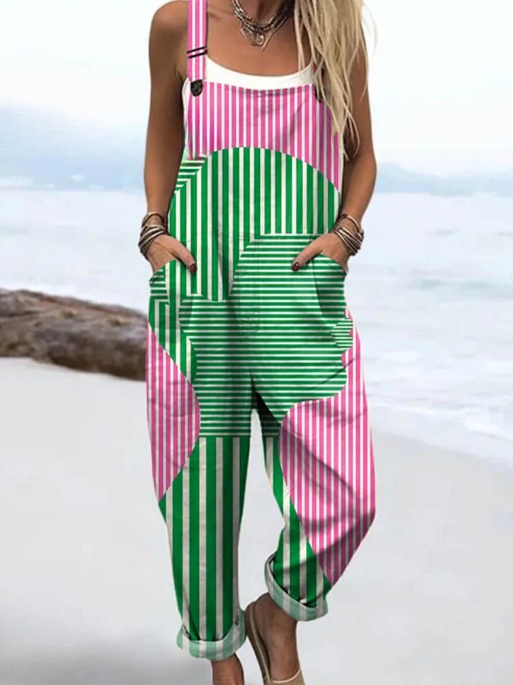 Abstract Form jumpsuit for women, pink and green line print, relaxed fit, sizes AU 8-24