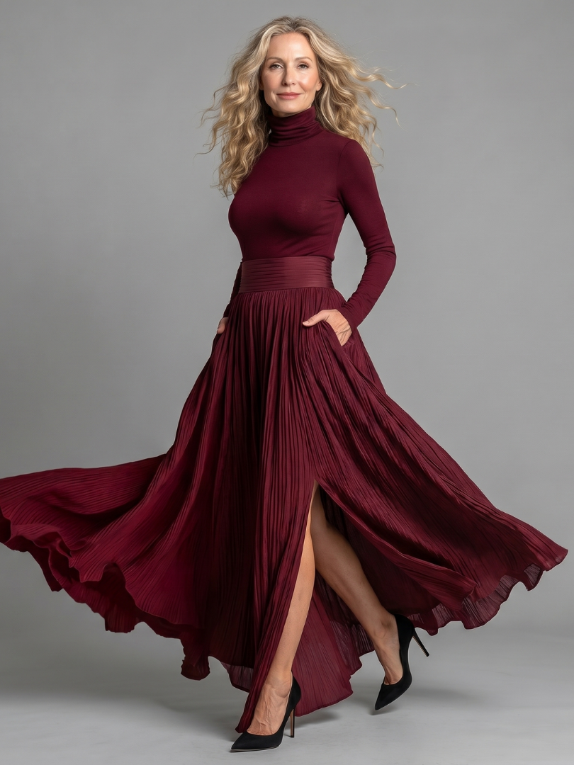 Jenny | Long Sleeve Turtleneck Defined Waist Midi Dress