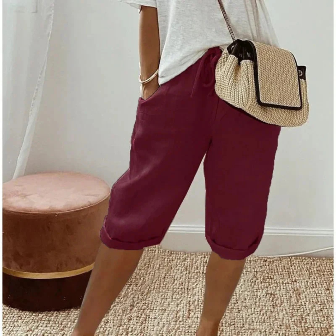 Saffron | Linen Drawstring Capri Shorts