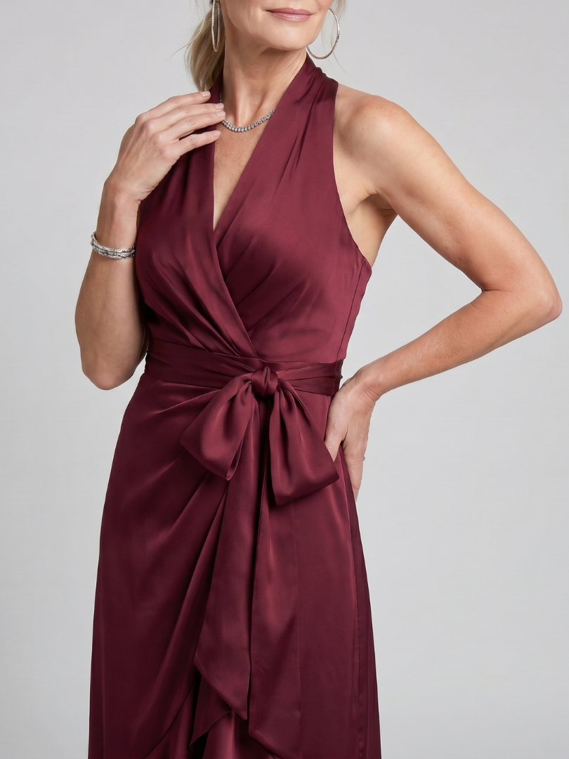 Bronwyn | Halter Neck Wrap Asymmetric Hem Midi Dress
