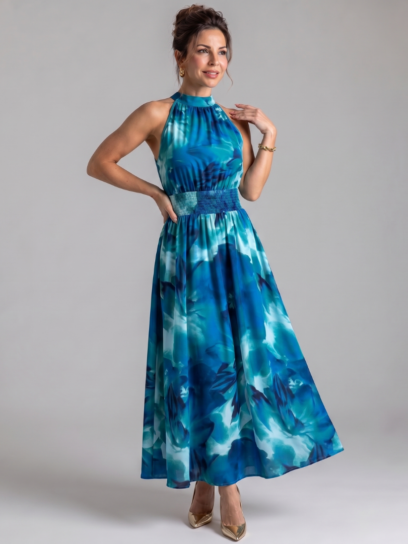 Zelie | Gathered Waist Abstract Print Midi Dress