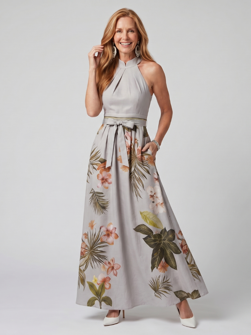 Trudy | Draped Halter Botanical Panel Maxi Dress
