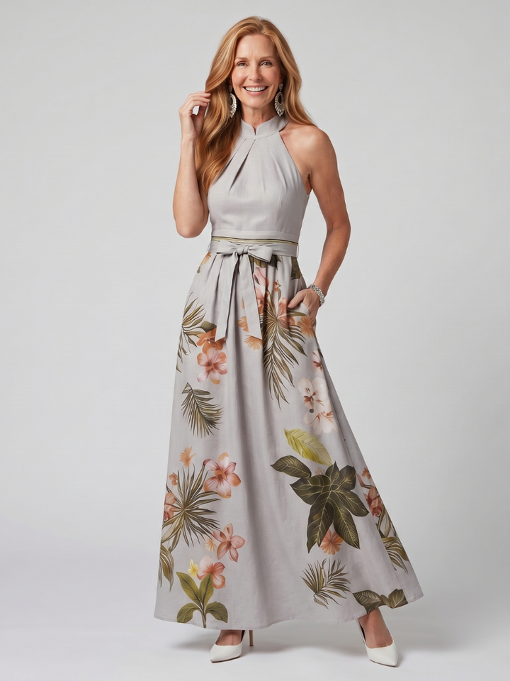 Trudy | Draped Halter Botanical Panel Maxi Dress