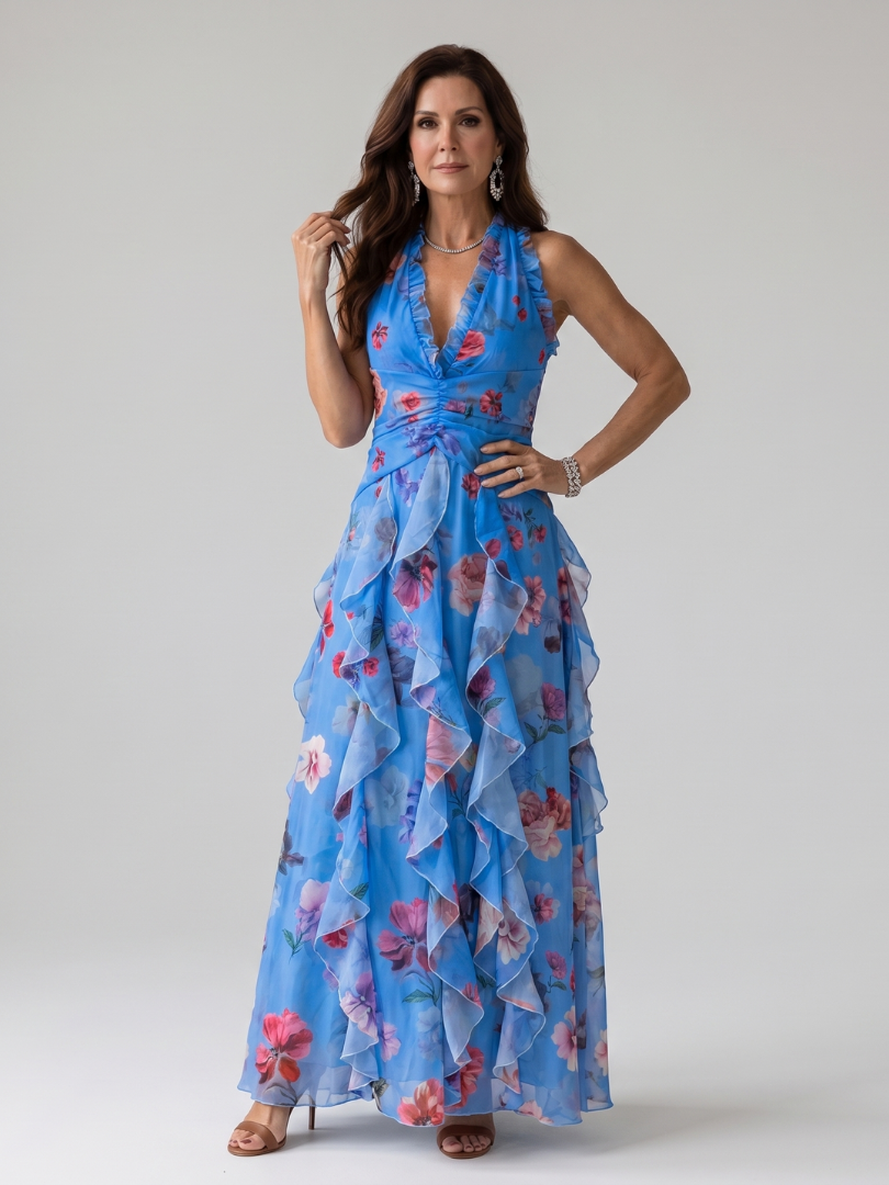 Frederica | Halter Neck Ruched Bodice Floral Maxi Dress