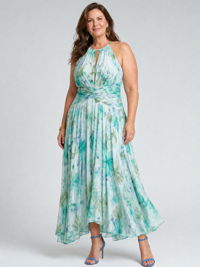 Ninon | Pleated Halter Soft Floral Pattern Midi Dress