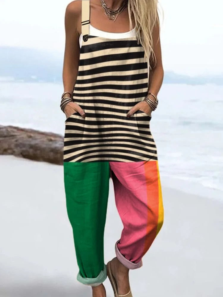 Zest and Stripes jumpsuit for women, zebra top with green, pink and yellow legs, relaxed fit, sizes AU 8-24