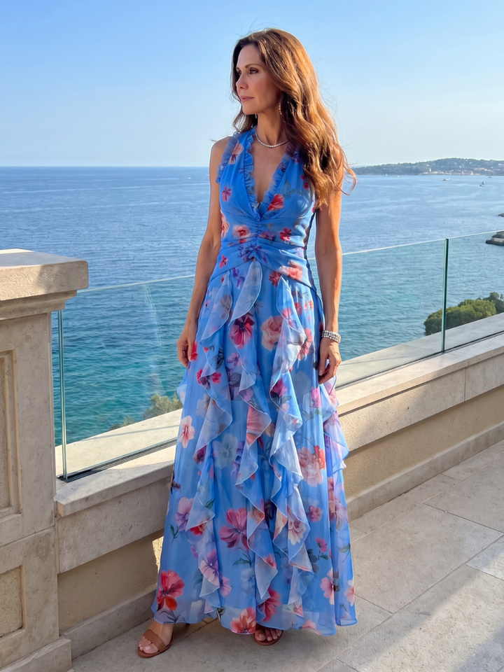 Frederica | Halter Neck Ruched Bodice Floral Maxi Dress