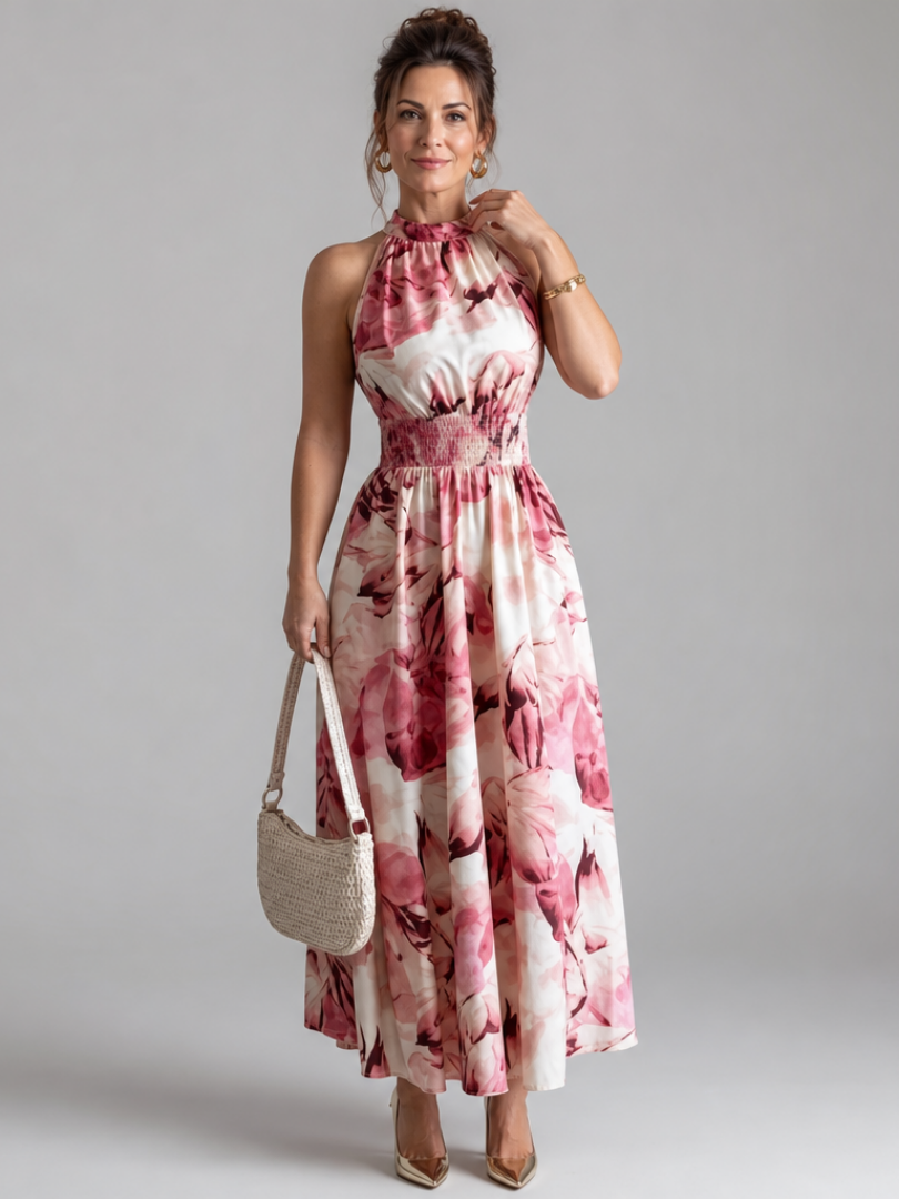 Zelie | Gathered Waist Abstract Print Midi Dress
