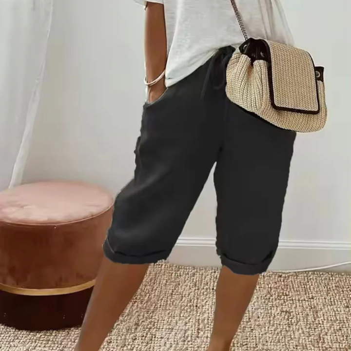 Saffron | Linen Drawstring Capri Shorts
