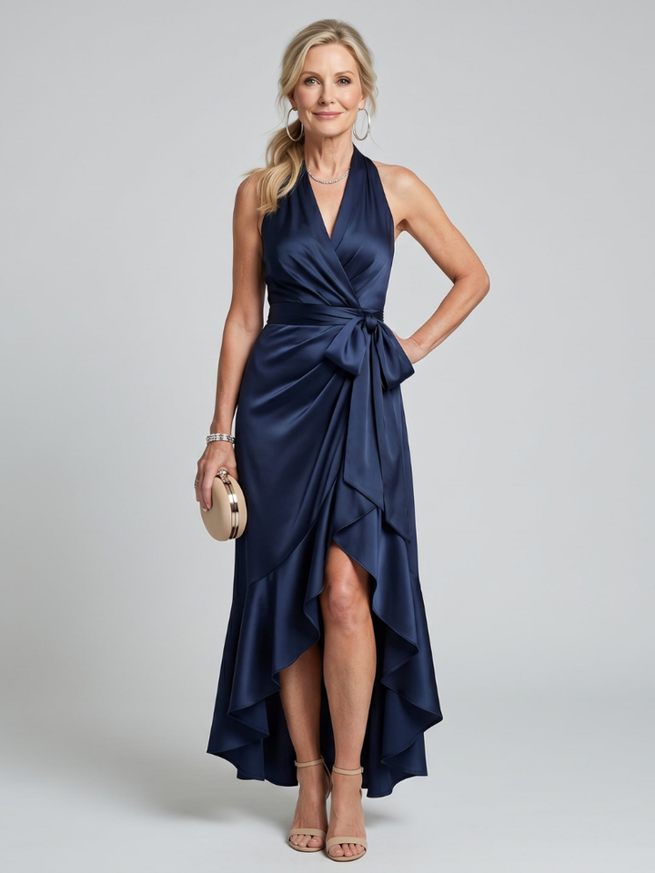 Bronwyn | Halter Neck Wrap Asymmetric Hem Midi Dress