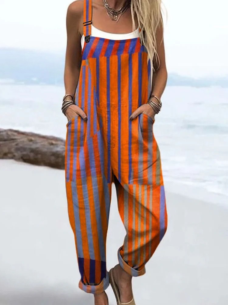 Sunset Stride jumpsuit for women, vertical stripes in orange, blue and violet, relaxed fit, sizes AU 8-24