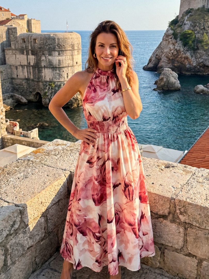 Zelie | Gathered Waist Abstract Print Midi Dress