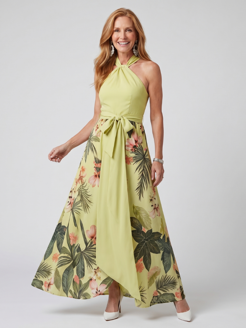 Trudy | Draped Halter Botanical Panel Maxi Dress