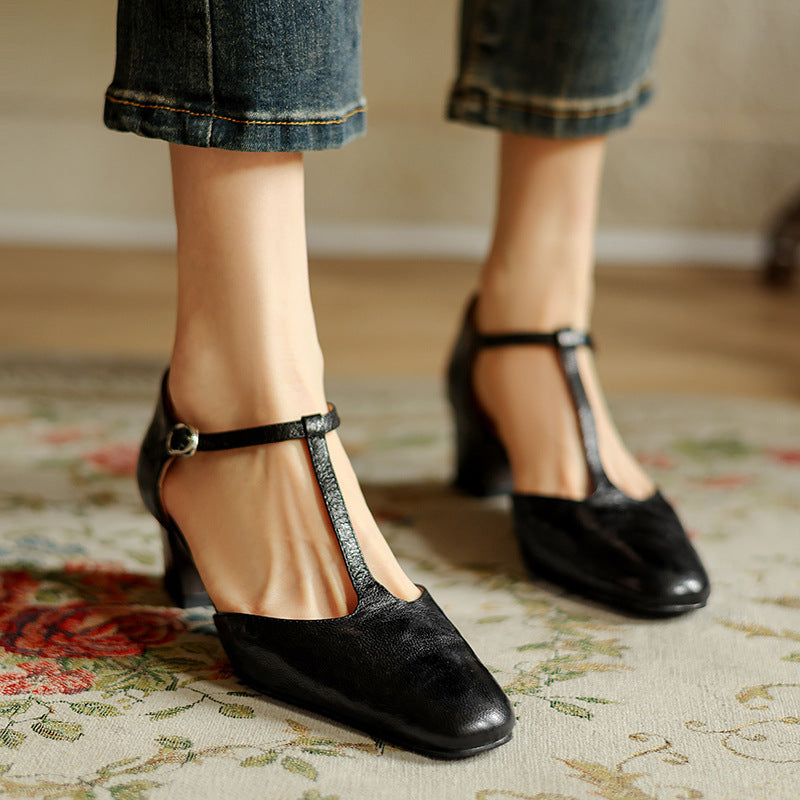 Tenille | Leather T-Strap Heels