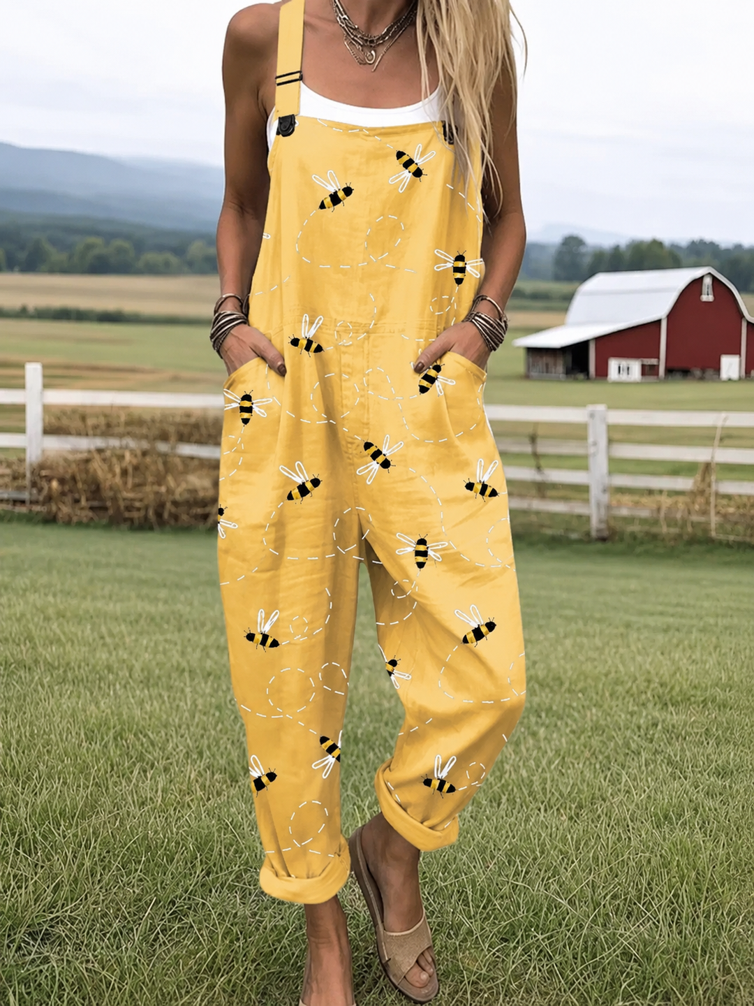 Honeybee Meadow jumpsuit for women, yellow with small bee print, relaxed fit, sizes AU 8-24