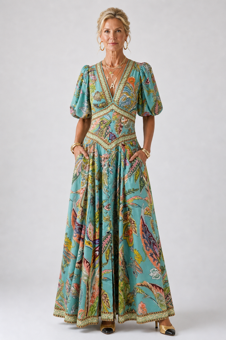 Colleen | Airy maxi dress with puff sleeves and V-neck