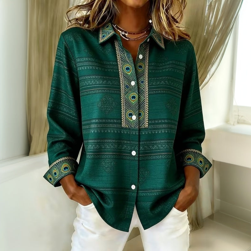 Cara | Peacock Feather Print Button-Front Blouse