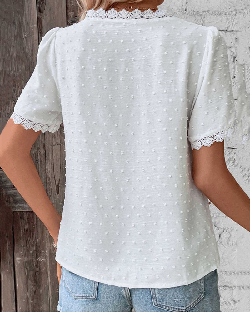 Lorelei | White Lace-Trim V-Neck Blouse