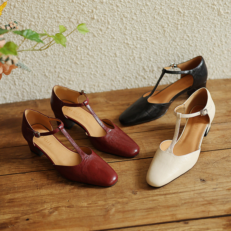 Tenille | Leather T-Strap Heels