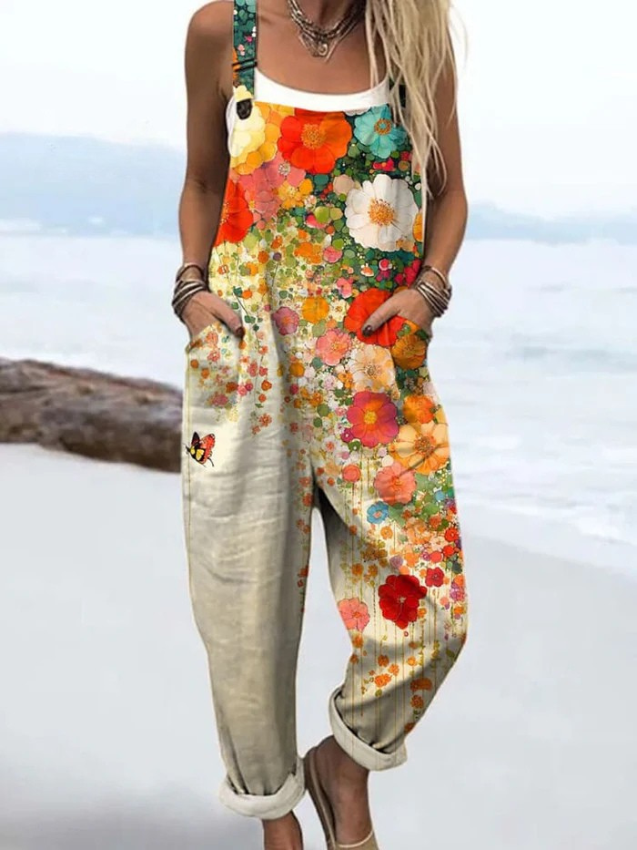 Wildflower Breeze jumpsuit for women, cream with orange and pink floral print, relaxed fit, sizes AU 8-24