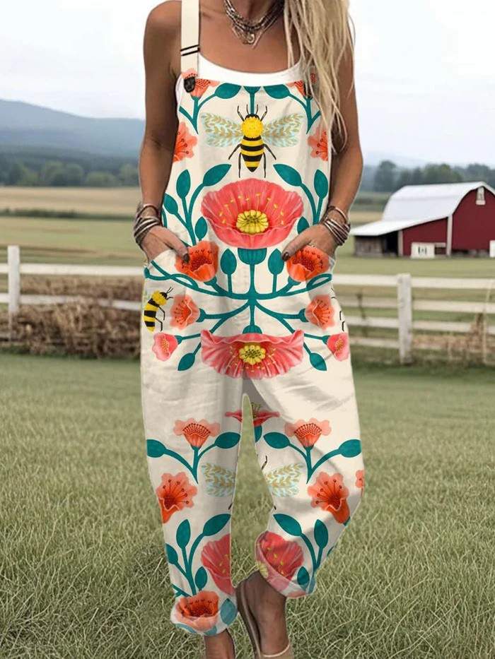 Honey Bloom jumpsuit for women, cream with bee and coral floral print, relaxed fit, sizes AU 8-24