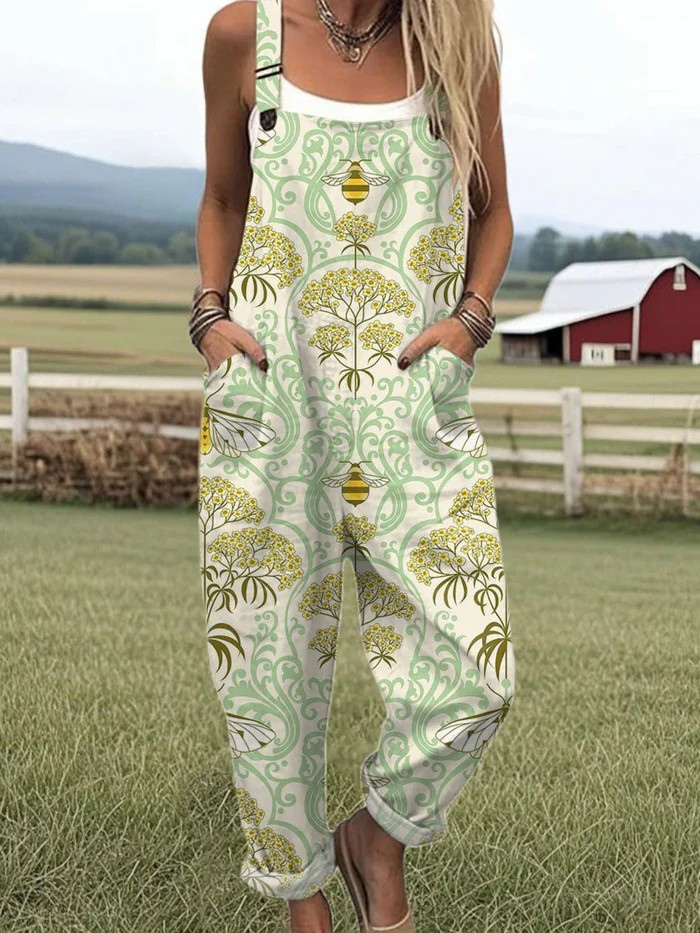 Honeybee Bloom jumpsuit for women, mint and honey tones with bee print, relaxed fit, sizes AU 8-24