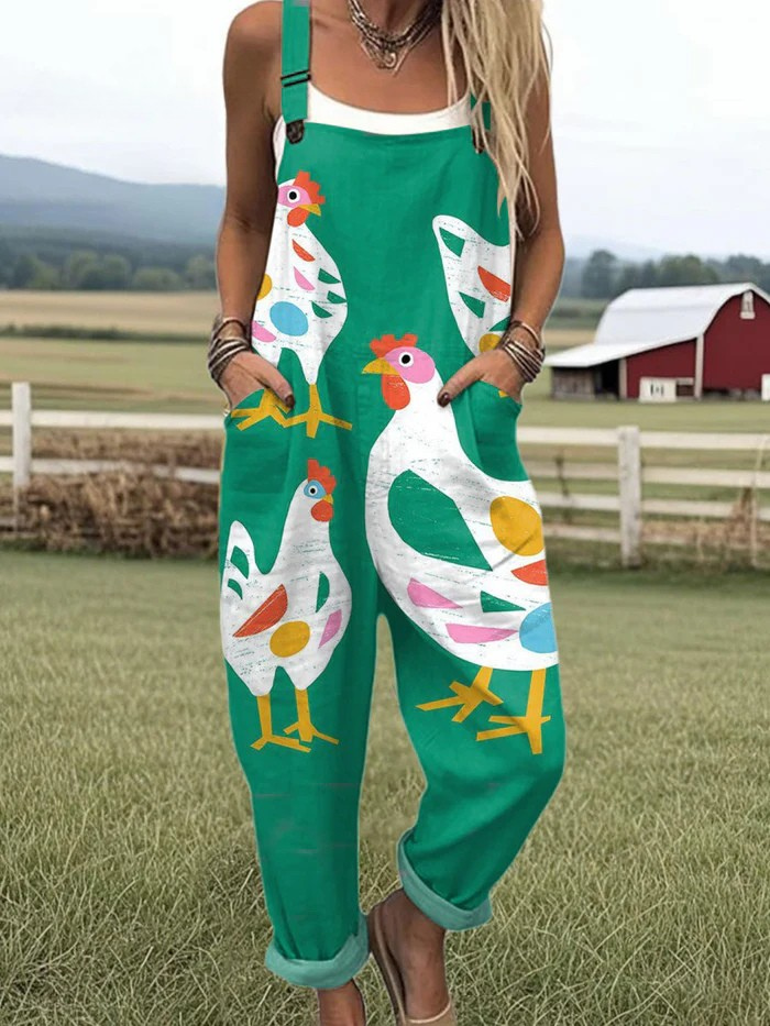 Cluckin Whimsical jumpsuit for women, bright green with chicken print, relaxed fit, sizes AU 8-24