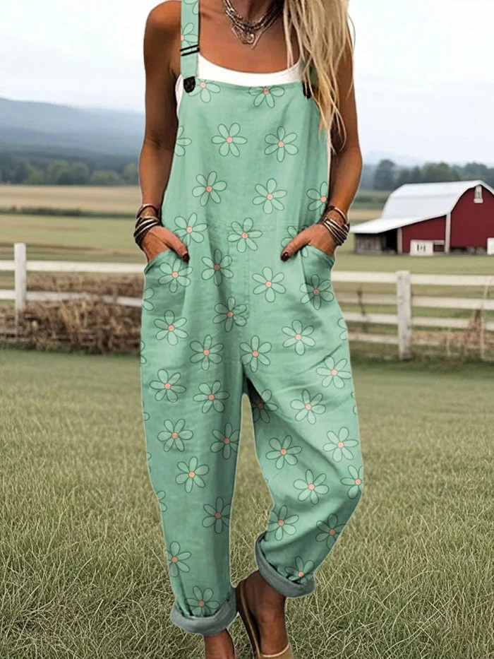 Meadow Muse jumpsuit for women, mint green with white daisies, relaxed fit, sizes AU 8-24