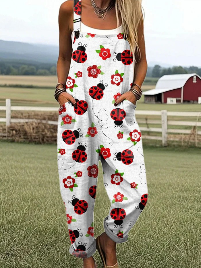 Ladybug Lane jumpsuit for women, white with red ladybug and floral print, relaxed fit, sizes AU 8-24