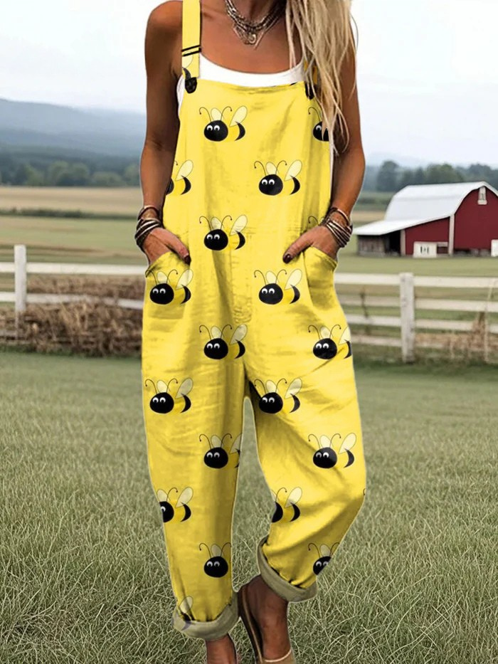 Bumble Bliss jumpsuit for women, bright yellow with bee print, relaxed fit, sizes AU 8-24