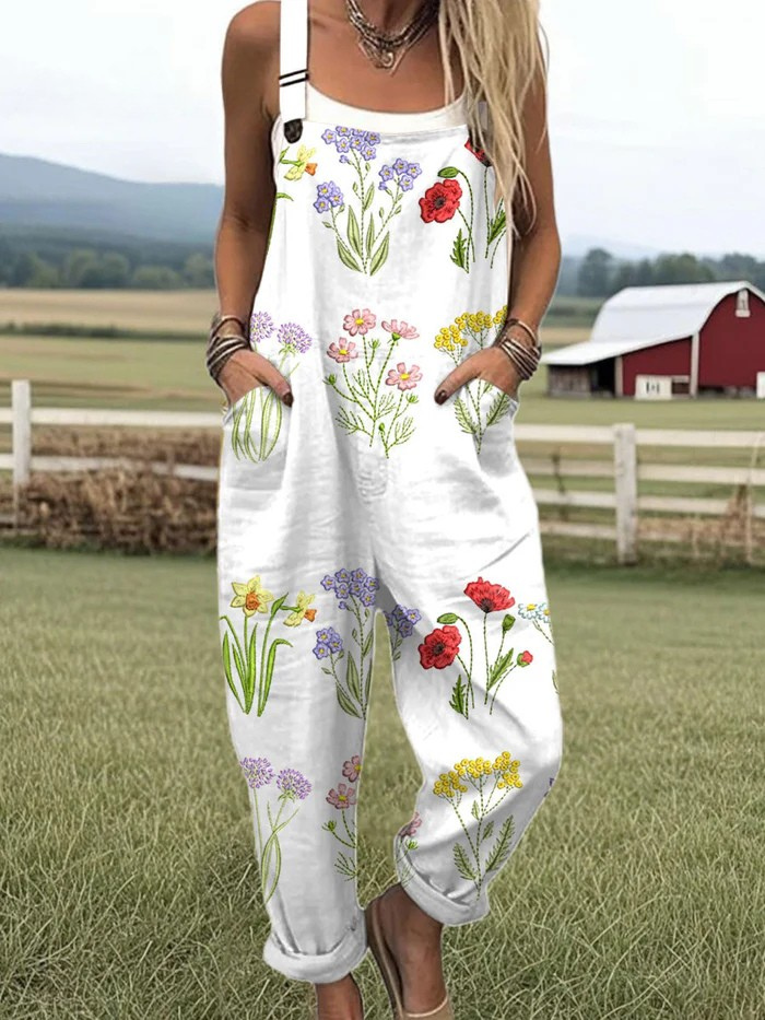 Wildflower Trail jumpsuit for women, white with small wildflower print, relaxed fit, sizes AU 8-24