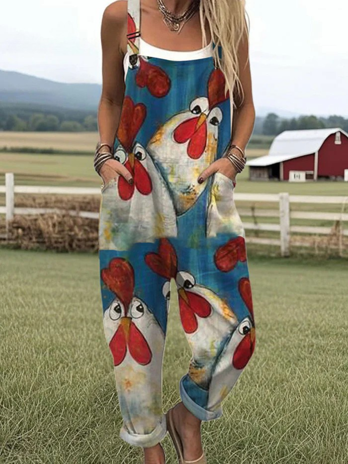 Cluckin Cute jumpsuit for women, rich blue with chicken print, relaxed fit, sizes AU 8-24