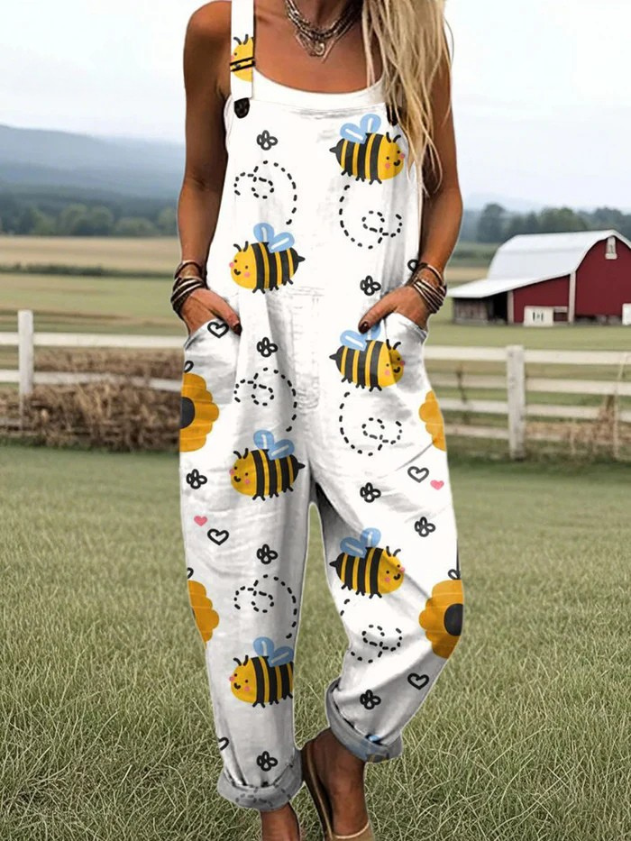Honeybee Happy jumpsuit for women, white with bee and sunflower print, relaxed fit, sizes AU 8-24