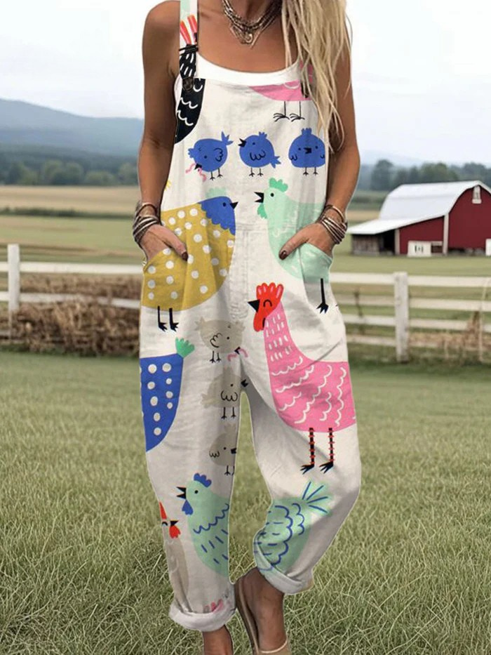 Chicken Chatter jumpsuit for women, off-white with colourful hen print, relaxed fit, sizes AU 8-24