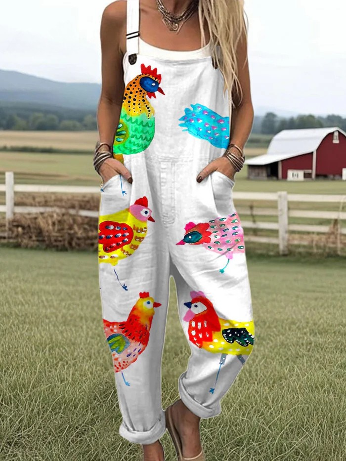 Barnyard Bloom jumpsuit for women, white with painted chicken print, relaxed fit, sizes AU 8-24