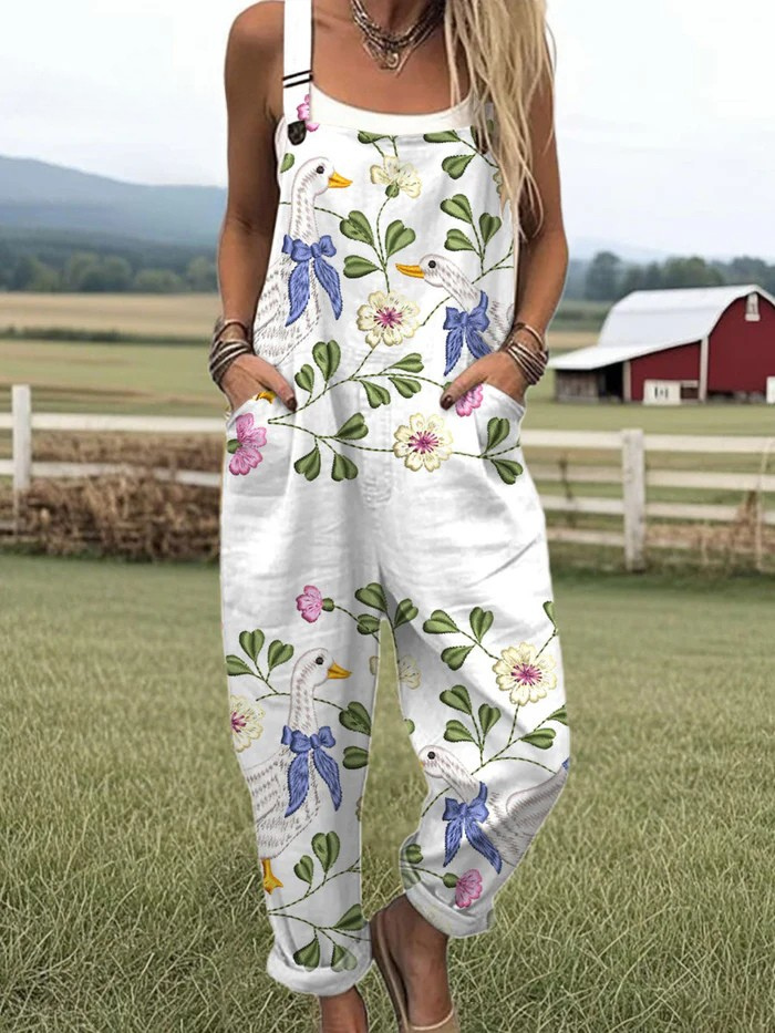 Goose Garden jumpsuit for women, white with goose and floral print, relaxed fit, sizes AU 8-24