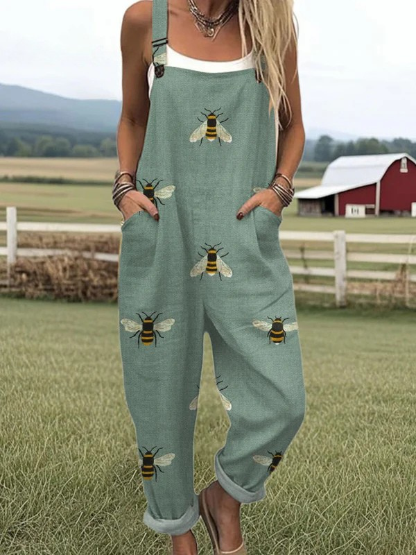 Garden Whimsy jumpsuit for women, sage green with bee print, relaxed fit, sizes AU 8-24