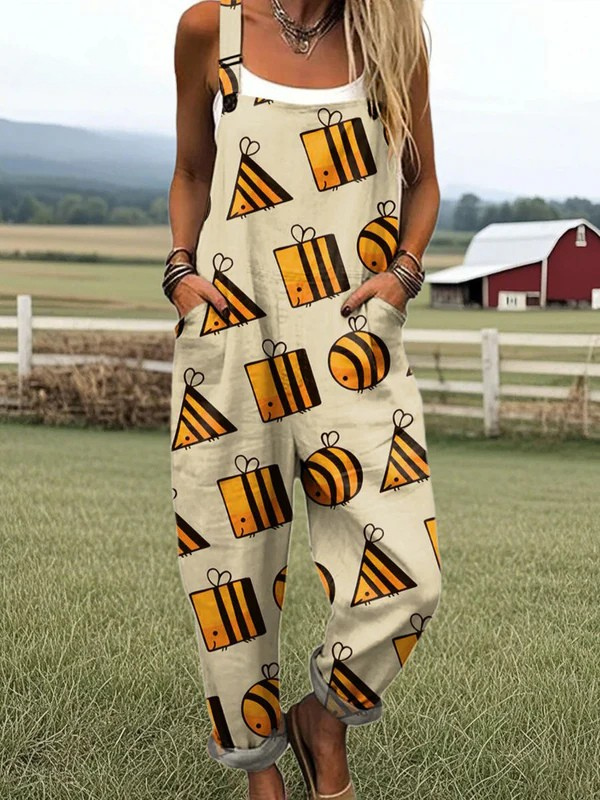 Honeybee Hop jumpsuit for women, cream with geometric bee print, relaxed fit, sizes AU 8-24