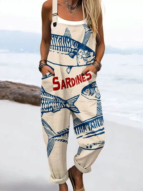 Sardine Stroll jumpsuit for women, cream with blue sardine print, relaxed fit, sizes AU 8-24