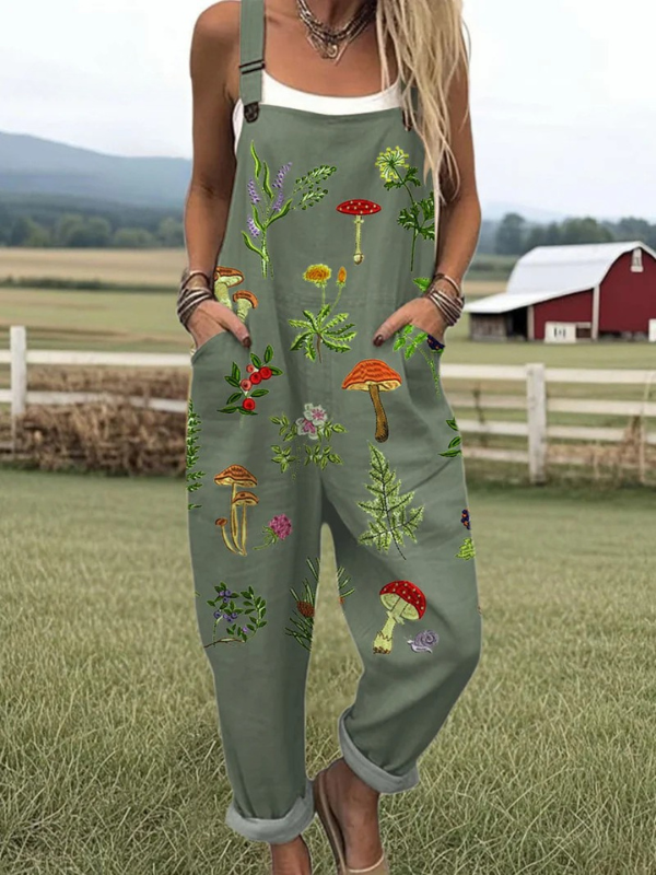 Nature-Inspired Embroidery jumpsuit for women, earthy green with botanical detail, wide-leg fit, sizes AU 8-24