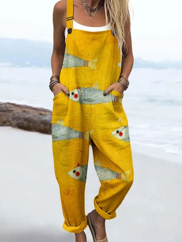 Sunny Swimmer jumpsuit for women, mustard yellow with fish print, relaxed fit, sizes AU 8-24
