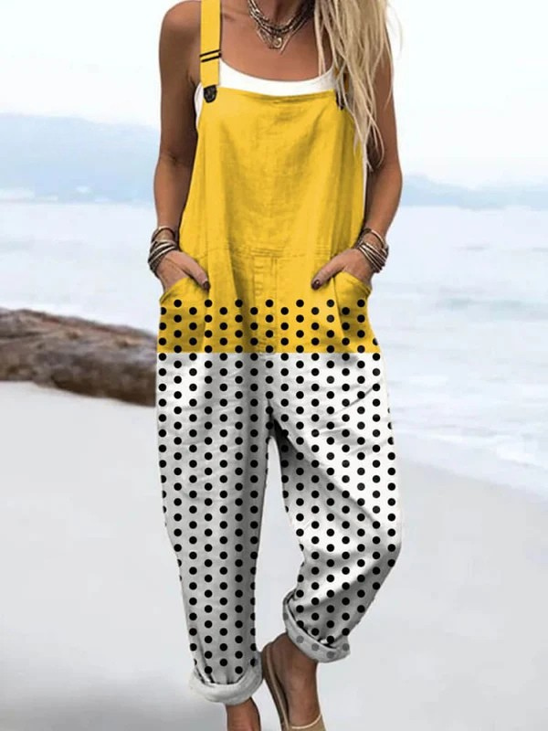 Lemon Pop jumpsuit for women, yellow to white with black polka dots, relaxed fit, sizes AU 8-24
