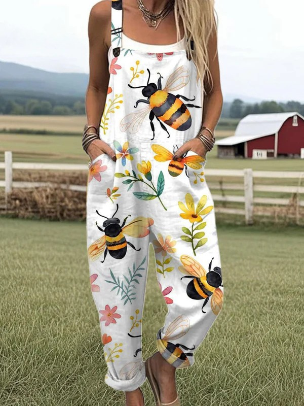 Bee Blossom jumpsuit for women, white with bee and floral print, relaxed fit, sizes AU 8-24