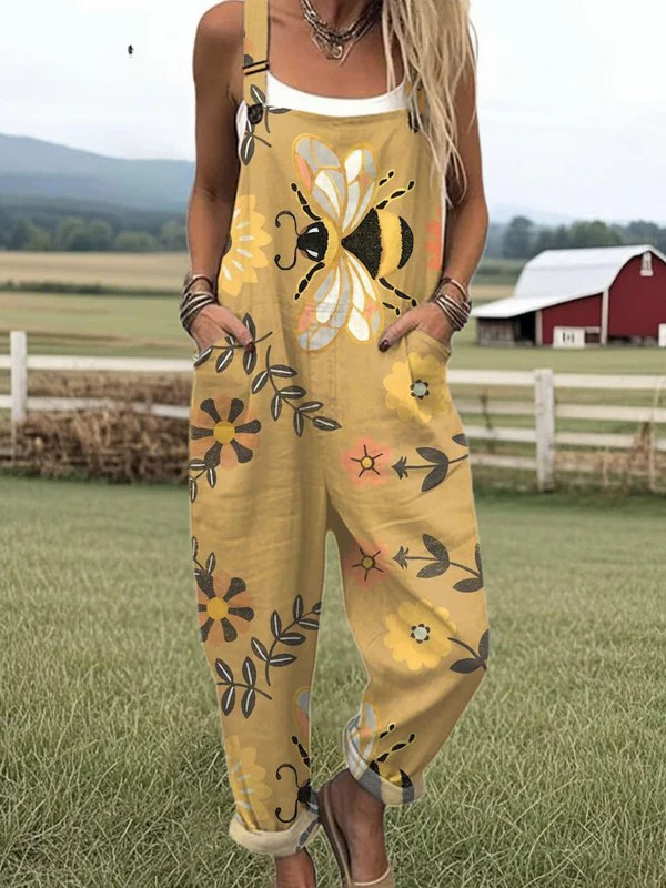 Wildflower Buzz jumpsuit for women, golden yellow with bee and floral print, relaxed fit, sizes AU 8-24